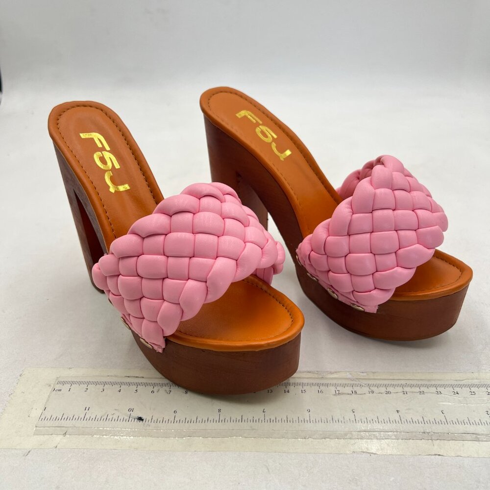 FSJ Pink Women Braided Open Toe Chunky High Heel Sandal Woven Slip On Mule - Picture 4 of 8